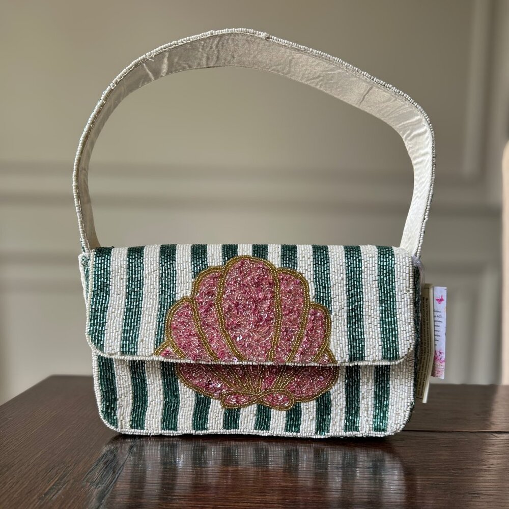 NEW Coastal Chic Beaded Seashell Handbag/ Beach/ Striped Shoulder Bag